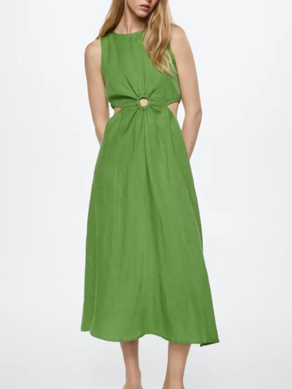 Mango Linen Green Cutout Midi Dress